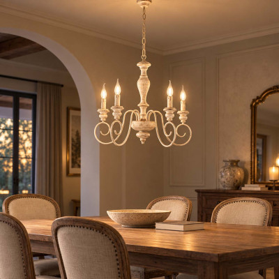 Bonetti Illumina Cascina Lampadario classico con 5 braccia e struttura in metallo regolabile in altezza Colore: Bianco/Tortora