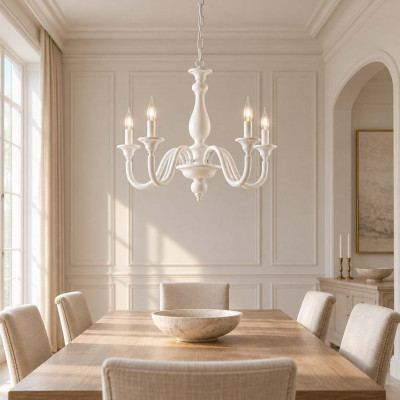 Bonetti Illumina Lucca Lampadario classico con 5 diffusori e struttura in legno regolabile in altezza Colore: Bianco