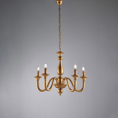 Bonetti Illumina - Lucca - Lampadario classico con 5 diffusori e struttura in legno regolabile in altezza - Colore: Oro - 5 Lampadine - E14 - 42W - IP20 - SKU: BL271-5-OR