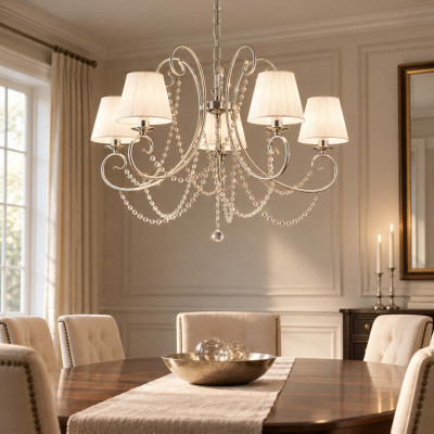 Bonetti Illumina Magda Lampadario classico con 5 luci con strass in cristallo e paralumi in tessuto Colore: Cromato