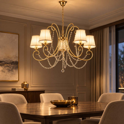 Bonetti Illumina Magda Lampadario classico con 5 luci con strass in cristallo e paralumi in tessuto Colore: Oro