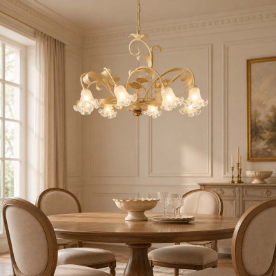 Bonetti Illumina Cesto Lampadario classico grande 8 diffusori in vetro struttura in metallo regolabile Colore: Avorio
