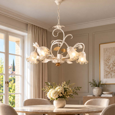 Bonetti Illumina Cesto Lampadario classico medio 5 diffusori in vetro struttura in metallo regolabile Colore: Bianco