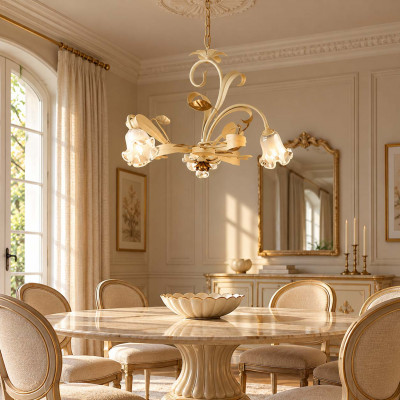 Bonetti Illumina Cesto Lampadario classico piccolo 3 diffusori in vetro struttura in metallo regolabile Colore: Avorio