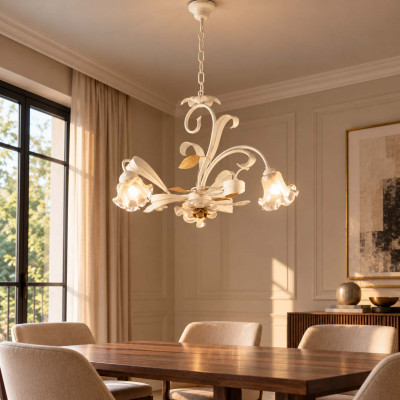Bonetti Illumina Cesto Lampadario classico piccolo 3 diffusori in vetro struttura in metallo regolabile Colore: Bianco