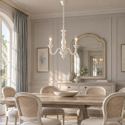Bonetti Illumina Lucca Lampadario classico piccolo con 3 diffusori e struttura in legno regolabile Colore: Bianco