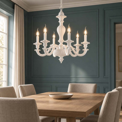 Bonetti Illumina Leonardo Lampadario moderno classico in legno con 6 bracci Colore: Bianco