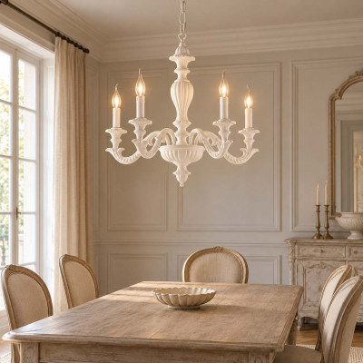 Bonetti Illumina Leonardo Lampadario moderno in legno in stile classico con 5 bracci Colore: Bianco