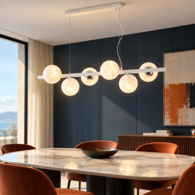 Bonetti Illumina Adrian Lampadario moderno in metallo con 6 diffusori a boccia in vetro Colore: Bianco