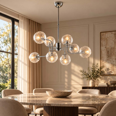 Bonetti Illumina Ikarus Lampadario moderno in metallo cromato lucido 8 luci con sfere in vetro soffiato Colore: Cromato