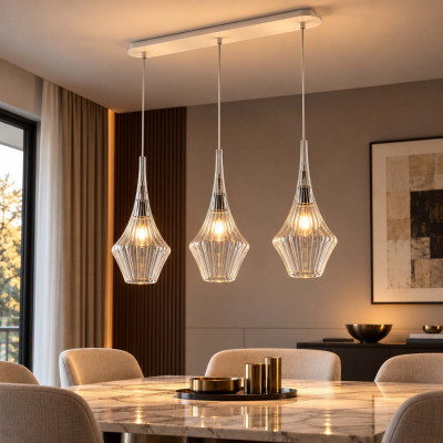 Bonetti Illumina Zeus Lampadario moderno lineare con 3 diffusori pendenti in vetro Colore: Trasparente