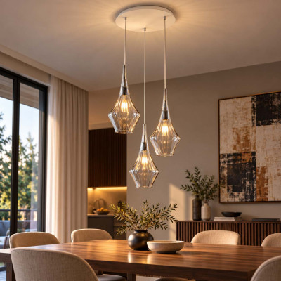 Bonetti Illumina Zeus Lampadario moderno rotondo con 3 diffusori pendenti in vetro Colore: Grigio Fumè