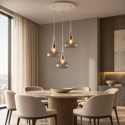 Bonetti Illumina Nemesi Lampadario rotondo con 3 diffusori pendenti in vetro dal design moderno Colore: Grigio Fumè