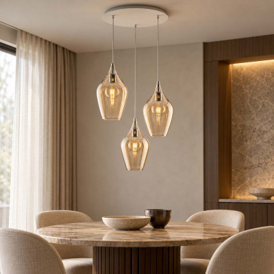 Bonetti Illumina Ares Lampadario rotondo moderno con 3 diffusori pendenti in vetro Colore: Ambra