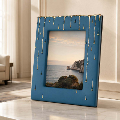 Bongelli Preziosi Rugiada Cornice portafoto in marmorino con decori a goccia design moderno ed elagante Foto 15x20 Colore: Blu/Oro
