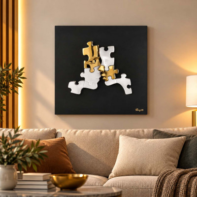Bongelli Preziosi Puzzle Quadro moderno con pannello in legno e soggetto con visi in marmorino Colore: Nero/Oro