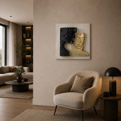 Bongelli Preziosi Coppia Stilizzata Quadro moderno con pannello in legno e volti in marmorino Colore: Bianco/Nero/Oro