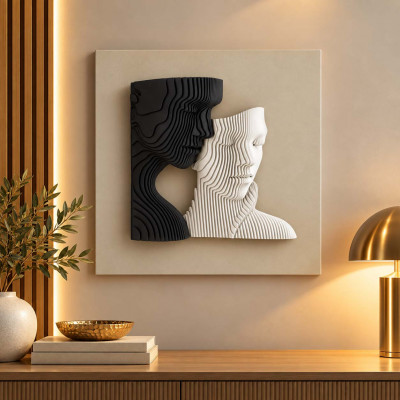 Bongelli Preziosi Coppia Stilizzata Quadro moderno con pannello in legno e volti in marmorino Colore: Nocciola/Nero/Bianco