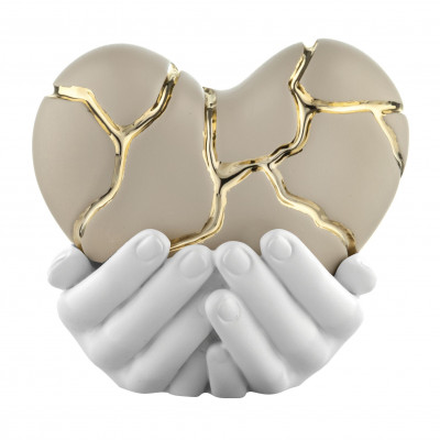 Bongelli Preziosi Mani Cuore Scultura piccola in marmorino in stile kintsugi dal design moderno Colore: Bianco/Nocciola/Oro
