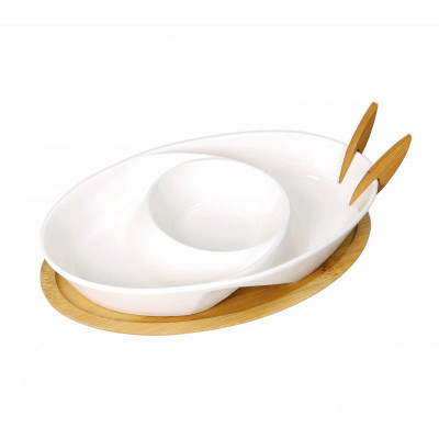  Brandani - Antipastiera in porcellana con forchettine e base in bamboo - Colore: Bianco/Legno Naturale - SKU: B52972 