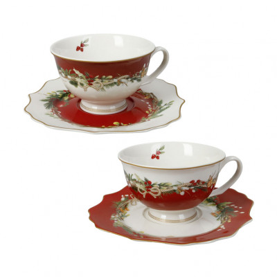  Brandani - Carol - Set 2 tazze da tè in porcellana a tema natalizio - Colore: Rosso/Bianco - SKU: B89962 