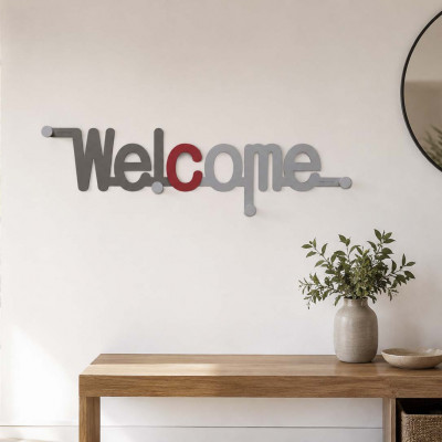 CalleaDesign - Welcome - Attaccapanni a muro design moderno con scritta welcome in legno e 4 ganci - Colore: Rubino - SKU: 13-019-65