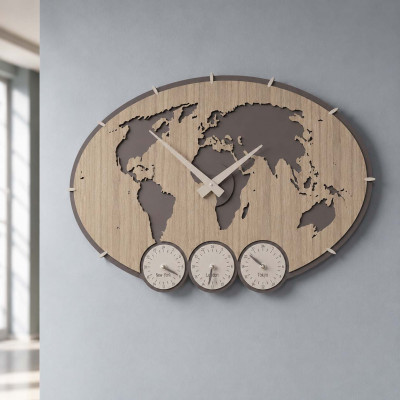 CalleaDesign Greenwich Orologio da parete con fusi orari in legno dal design moderno Colore: Noce Chiaro
