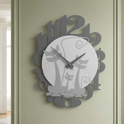 CalleaDesign Gatti Orologio da parete in legno con gattini Colore: Alluminio