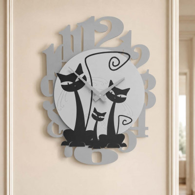 CalleaDesign Gatti Orologio da parete in legno dal design moderno con gattini Colore: Nero