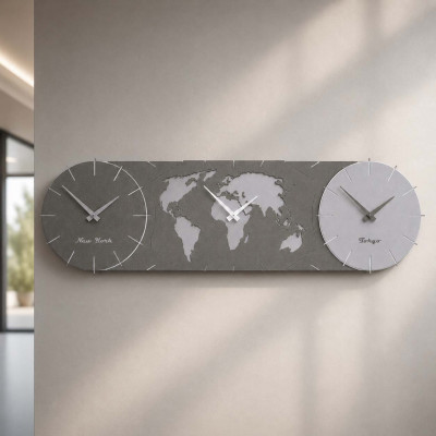 CalleaDesign Time Master Orologio da parete in legno con fusi orari e design moderno Colore: Alluminio