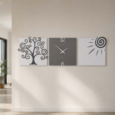 CalleaDesign Albero della Vita Orologio da parete moderno con tre pannelli in legno Colore: Radica Grigia