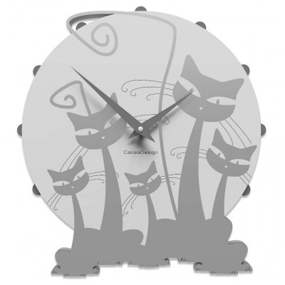 CalleaDesign - Famiglia di Gatti - Orologio da parete rotondo in legno dal design moderno - Colore: Alluminio - SKU: 53-10-3-2