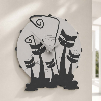 CalleaDesign Famiglia di Gatti Orologio da parete rotondo in legno dal design moderno Colore: Nero