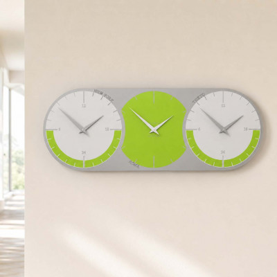 CalleaDesign World Clock Orologio da parete con fusi orari e quadrante in legno Colore: Verde Mela