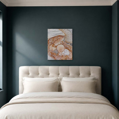 Cartapietra Bacio Capezzale maternità verticale con bassorilievo dipinto a mano con retro in legno Colore: Toni Freddi