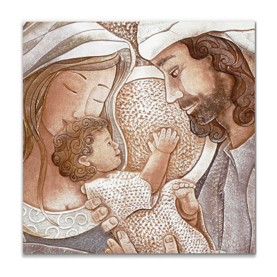 Cartapietra - Dono - Capezzale quadrato sacra famiglia con bassorilievo dipinto a mano retro in legno - SKU: QL454585