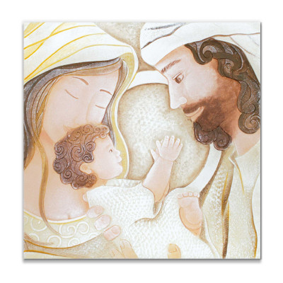 Cartapietra - Dono - Capezzale quadrato sacra famiglia con bassorilievo dipinto a mano retro in legno - Colore: Toni Caldi - SKU: QL454585OP