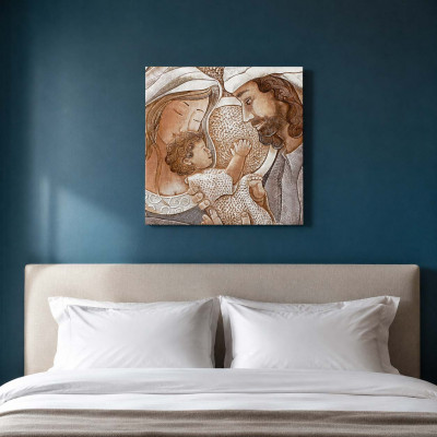 Cartapietra Dono Capezzale quadrato sacra famiglia con bassorilievo dipinto a mano retro in legno Colore: Toni Freddi