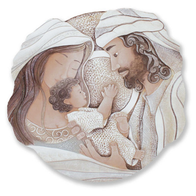  Cartapietra - Dono - Capezzale rotondo sacra famiglia con bassorilievo dipinto a mano retro in legno - Colore: Toni Freddi - SKU: QS6085NT 