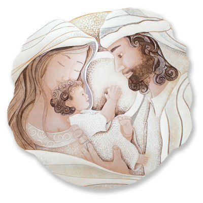 Cartapietra - Dono - Capezzale rotondo sacra famiglia con bassorilievo dipinto a mano retro in legno - SKU: QS6085