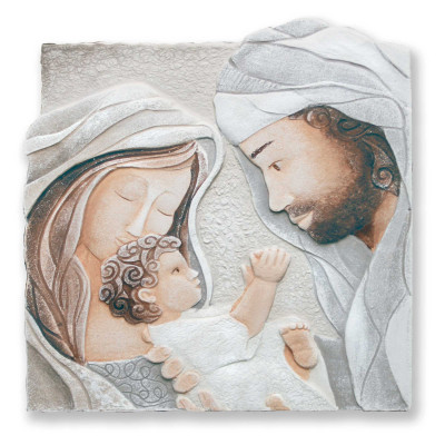Cartapietra - Dono - Capezzale sacra famiglia quadrato con bassorilievo dipinto a mano retro in legno - SKU: QS272685