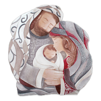  Cartapietra - Tenero Abbraccio - Capezzale Sacra Famiglia rotondo in bassorilievo dipinto a mano retro in legno - Colore: Rosso - SKU: QS60130RO 