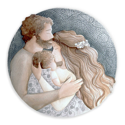 Cartapietra - Vita - Capezzale Sacra Famiglia rotondo in bassorilievo dipinto a mano retro in legno - SKU: QS60138