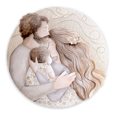  Cartapietra - Vita - Capezzale Sacra Famiglia rotondo in bassorilievo dipinto a mano retro in legno - Colore: Oro - SKU: QS60138GD 