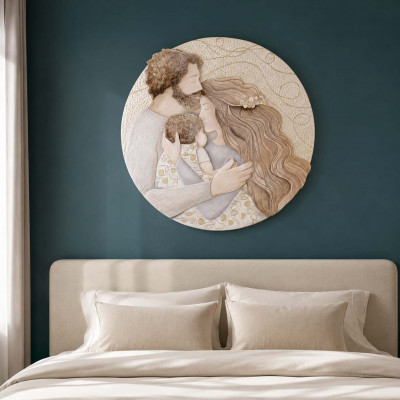 Cartapietra - Vita - Capezzale Sacra Famiglia rotondo in bassorilievo dipinto a mano retro in legno - Colore: Oro - SKU: QS60138GD