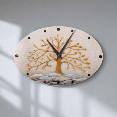 Cartapietra Albero della Vita Orologio ovale con bassorilievo con retro in legno massello Colore: Oro