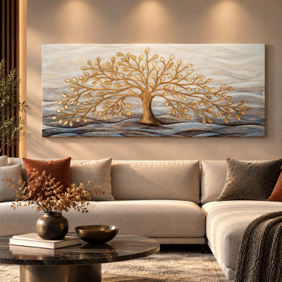 Cartapietra Albero della Vita Quadro grande con bassorilievo dipinto a mano con retro in legno massello Colore: Oro