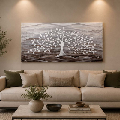 Cartapietra Albero della Vita Quadro piccolo con bassorilievo dipinto a mano con retro in legno massello Colore: Bianco