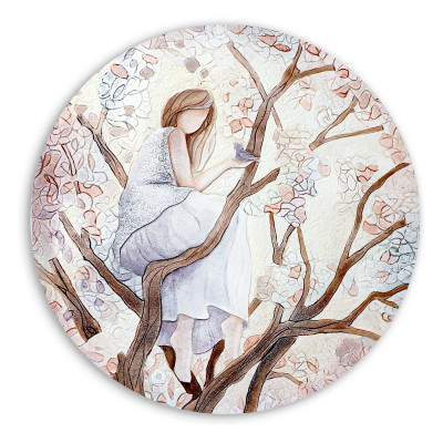  Cartapietra - Ragazza sull'Albero - Quadro rotondo con bassorilievo dipinto a mano con retro in legno massello - SKU: 110609 