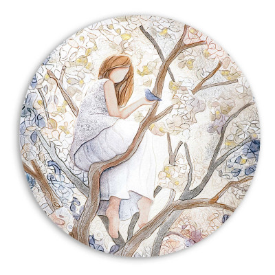Cartapietra - Ragazza sull'Albero - Quadro rotondo con bassorilievo dipinto a mano con retro in legno massello - Colore: Toni Freddi - SKU: 110609SE